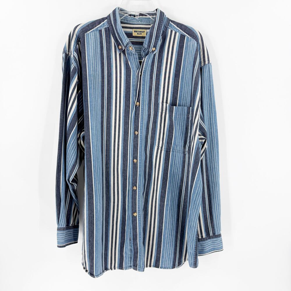 Northwest Blue XL Striped Button Down Shirt 100% Cotton Oversized 90s